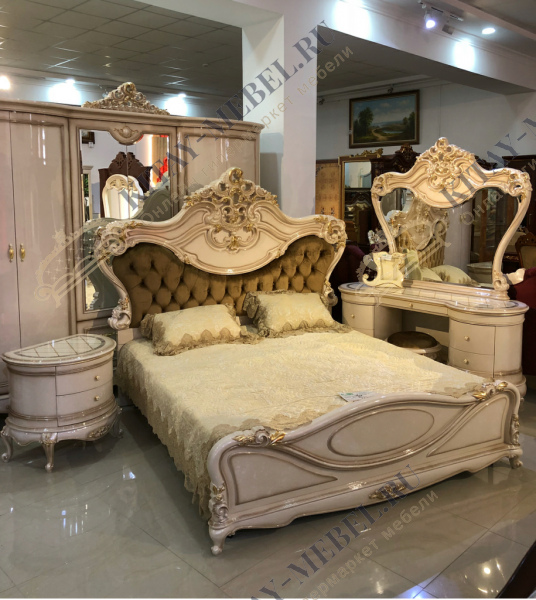 Кровать двуспальная 180×200 Грация (беж), МДФ, мягкое изголовье, капитоне