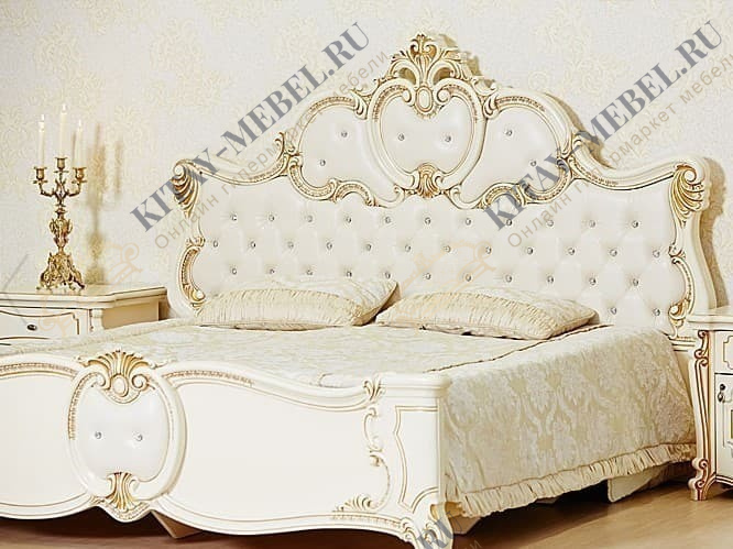 Кровать двуспальная Лорена, 180х200, крем, с мягким изголовьем в каретной стяжке, МДФ, ППУ