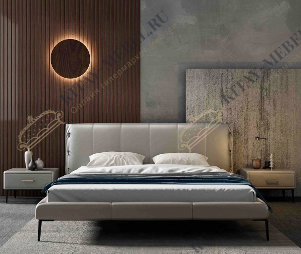Кровать-тахта двуспальная с мягким изголовьем — MK-6608-LGL, 180×200, светло-серый, кожа, ткань