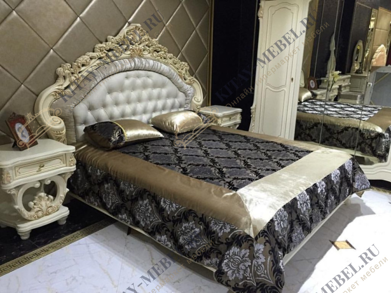 Кровать двуспальная Офелия, 180/200, МДФ, ППУ, каретная стяжка, белая с золотом