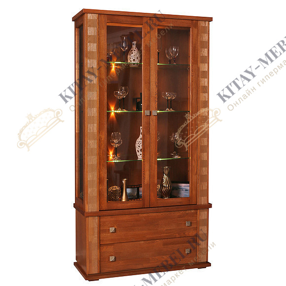 Шкаф с витриной «Тунис» П343.20Ш (дуб рустикаль с золочением)