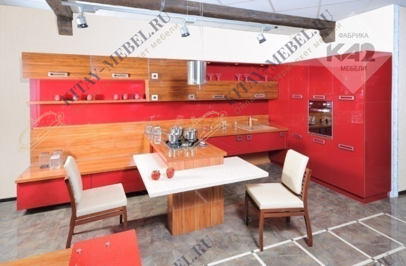 Кухонный гарнитур в ПВХ плёнке, угловой, акрил (красный), ширина 3000 мм