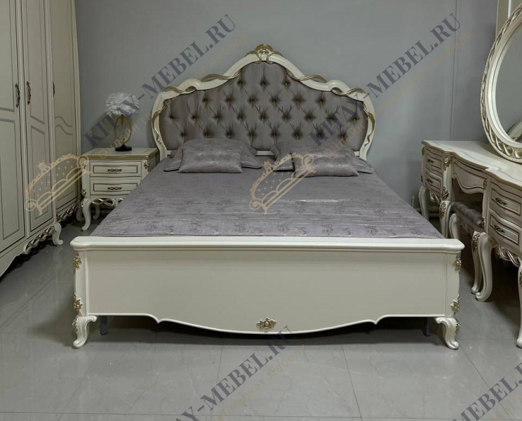 Кровать Бьянка двуспальная — 180×200, МДФ, слоновая кость, патина, жаккард, капитоне