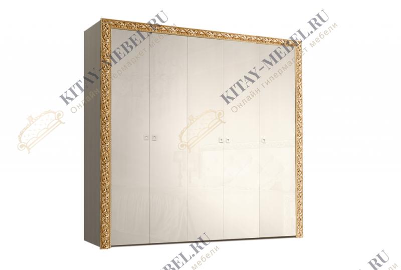 Шкаф 5-дверный для платья и белья (без зеркал) Тиффани премиум (слоновая кость/золото)