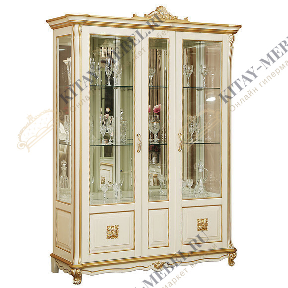 Шкаф с витриной «Алези 5 Люкс» П350.05л (слоновая кость с золочением)