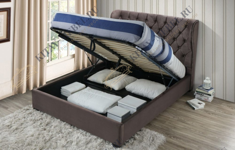 Кровать двуспальная с ящиком INFI2971, 180×200, коричневый, мягкая спинка, каретная стяжка