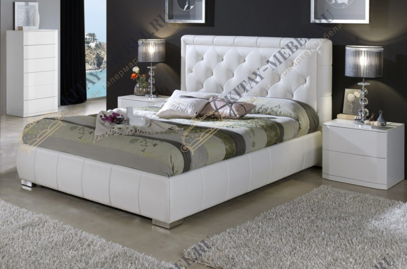 Кровать двуспальная Cinderella 661, 180/200, белая, мягкое изголовье, экокожа, капитоне