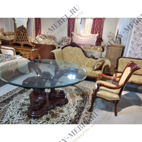 Стол обеденный круглый, стекло Изабелла, орех
