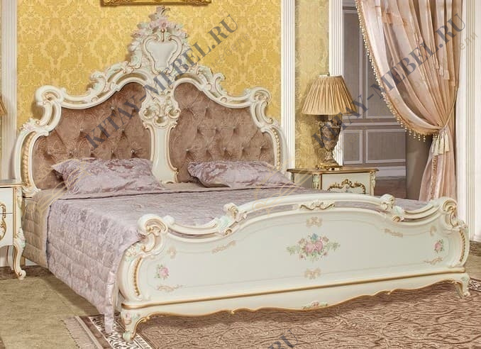Кровать 180×200 двуспальная — Шейх, слоновая кость, мягкое изголовье, каретная стяжка, МДФ, ППУ корона