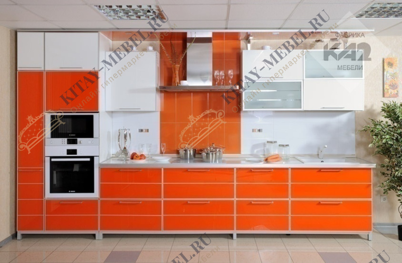 Кухонный гарнитур в стиле Хайтек, прямой, акрил (оранжевый), ширина от 240 до 390 см