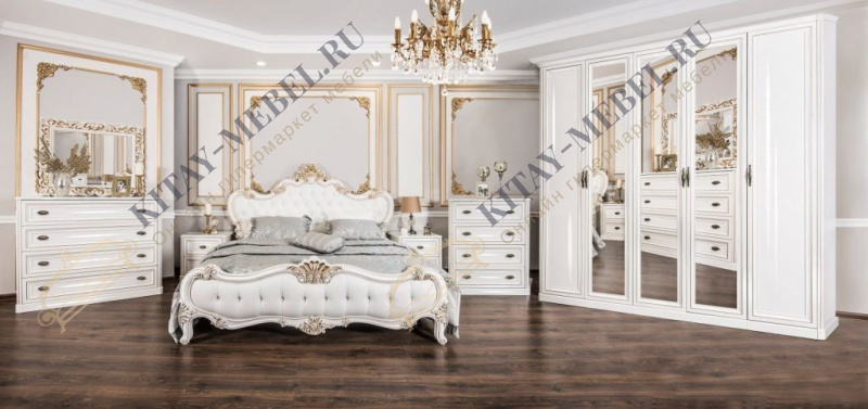 Спальня Натали с 4-дверным шкафом, кровать 160х200 см (белый глянец)