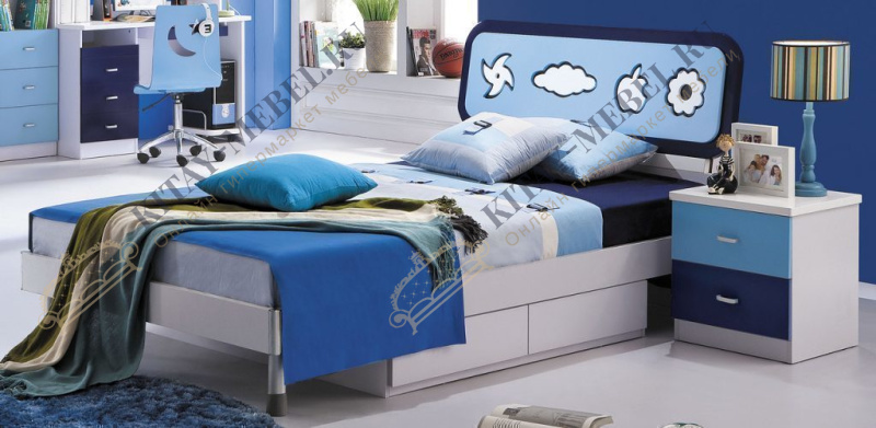 Кровать детская для мальчика — Bambino MK-4600-BL, 90 на 200, МДФ, мягкое изголовье, ткань