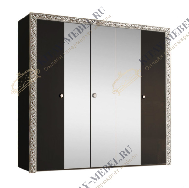 Шкаф 5-дверный для платья и белья (с зеркалами) Тиффани премиум (черный/серебро)