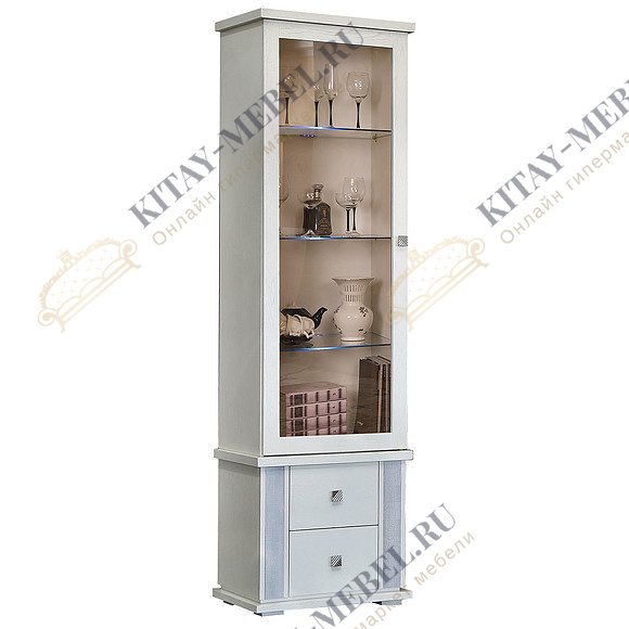Шкаф с витриной «Тунис» П343.21Ш (слоновая кость с серебром)